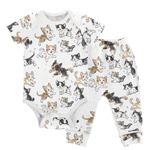 vvfelixl Cute Kittens Playing Baby Layette Sets,Baby Bodysuits Set Unisex Short Sleeve Babys Pants Sets 9-12M