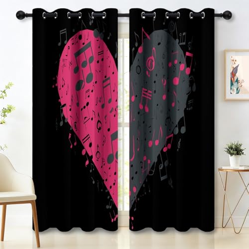 solant Anti-Froid Doux, Rideaux Thermiques 91.5L X 160H cm (2 Panneaux), Cœur De Dessin Animé Note De Musique pour Chambre de Bébé, Rose Gris