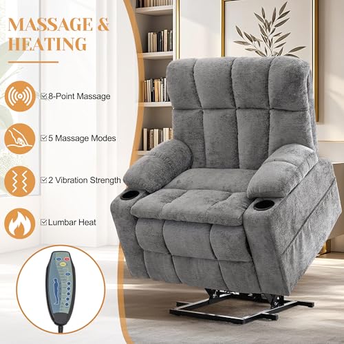 Image of Korser Oversized Dual Motor Power Lift Recliner for Elderly with Massage and Heat, Extra Wide Electric Recliner with Adjustable Headrest, Lift Chair with Storebox Cupholder, USB Ports, Type C, Grey
