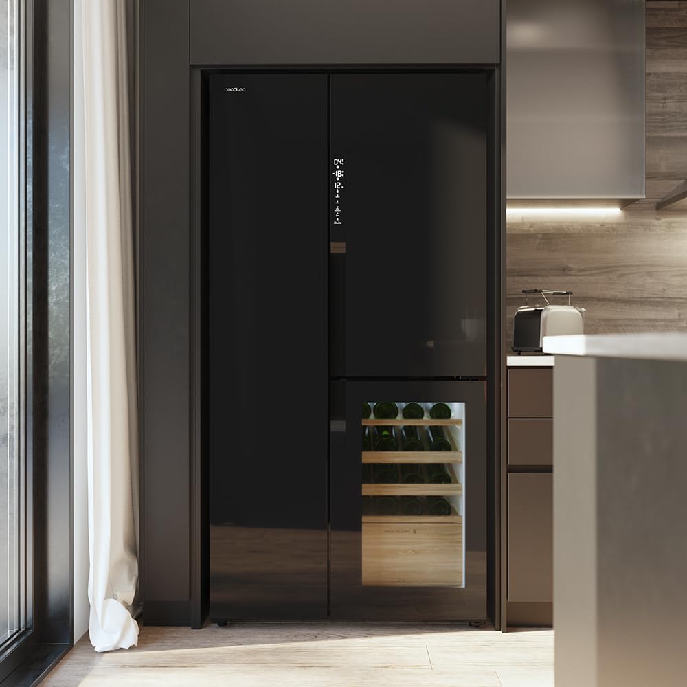 Cecotec Frigorífico 3 puertas Bolero CoolMarket TDW 548 Black Glass E, Clase E, 548 L, Diseño T Door, Compresor Inverter Plus, Total No Frost, Metal Cooling, Multi AirFlow, Fast Cooling & Freezing