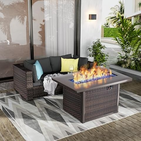 GREZJXC 3 Pieces Outdoor Sectional Patio Furniture Set with Fire Pit Table PE Rattan Wicker Patio Sectional Conversation Set with Cushions Black Cover