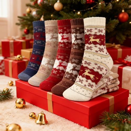 5 Pairs Spring Crew Socks Womens Soft Comfortable Breathable Sweat-Absorbent Casual Socks for Daily Wear Reindeer & Snowflake Design