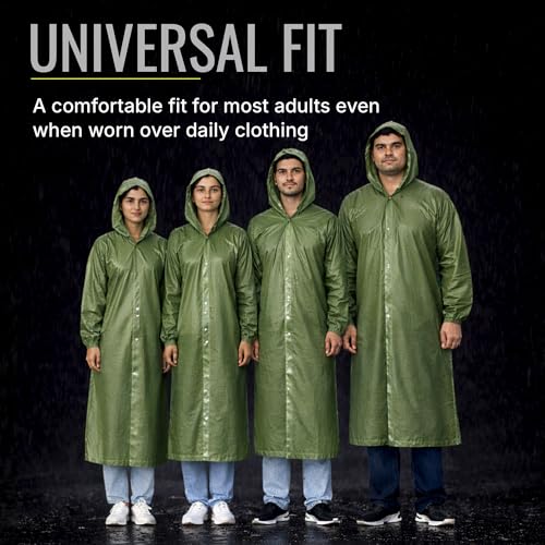 Image of Robustt EVA Reusable Raincoat with Hood (Dark Green) - Pack of 10 | Elasticated Full Sleeves Outdoor Waterproof Raincoat for Men & Women | Rainwear | Button Closure | Knee Length | Universal Fit