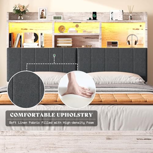 Rustic White Queen Size Platform Bed with Storage Drawers and LED Frame, for Bedroom Decor enthusiasts