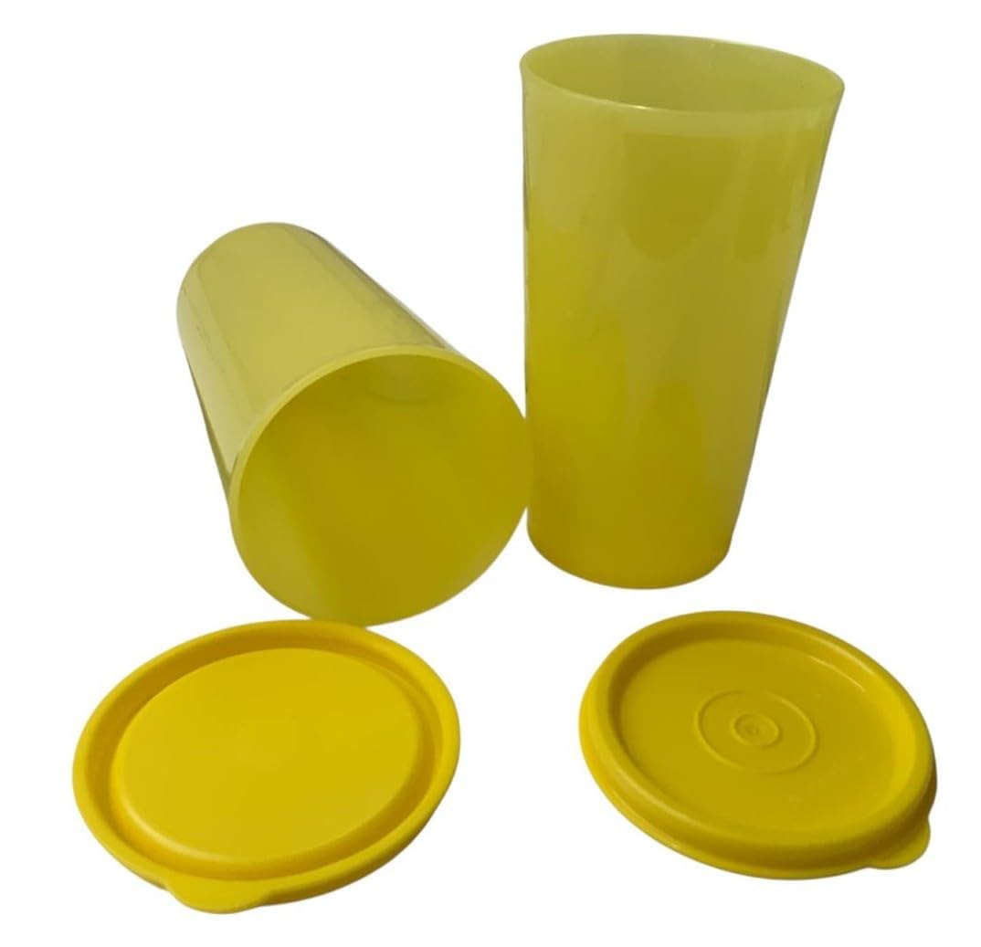 Tupperware Becher 2er Set 2 Stück 330ml gelb Trinkhalmbecher auslaufsicher luftdicht Glas Joghurt Joghurtbecher Smoothie