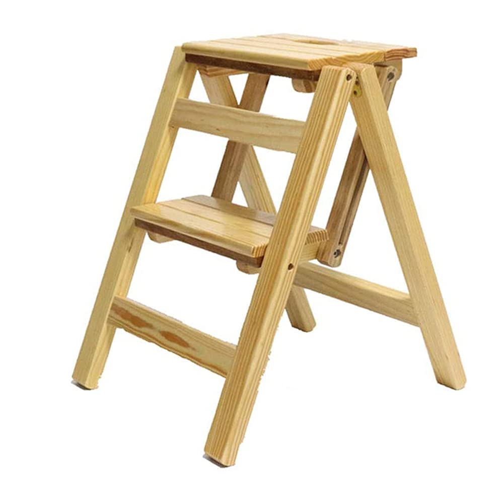 Solid Wood Folding Step Ladder Stool with Multi Layer Design Portable and Multi Functional Utility Chair Seat Non Slip Foot Cover Included(Wood Color,2 Steps)