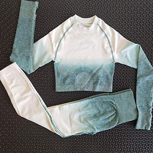 SNV 2 Piece Gym Set Women Ombre Seamless Workout Set Yoga Sets Women Gym Clothes Long Sleeve Fitness Clothing,Green White,L