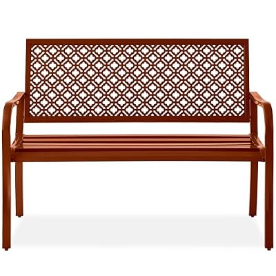 Best Choice Products Outdoor Bench 2-Person Metal Steel Benches Furniture for Garden, Patio, Porch, Entryway w/Geometric Backrest, 790lb Capacity - Rust
