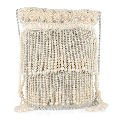 Mary Frances Elegant Pearl Beaded Crossbody Handbag Rhinestone Drawstring Novelty Evening Purse with Removable Chain Strap, Ivory2