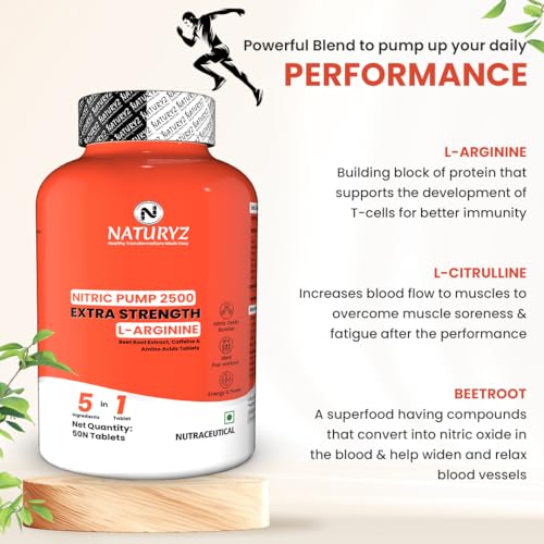 Image of NATURYZ Nitric Pump 2500 Mg Extra Strength L-Arginine | L Citrulline | Caffeine | Boosts Stamina | Energy | Increases Blood Flow | Improves Performance | Ideal Pre-workout Supplement for Men & Women- 50 Tablets