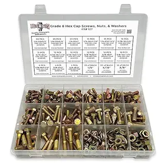 Grade 8 Hex Cap Bolts Screws, Nuts, Washers, Lock Washers Assortment Kit - 380 Pieces!