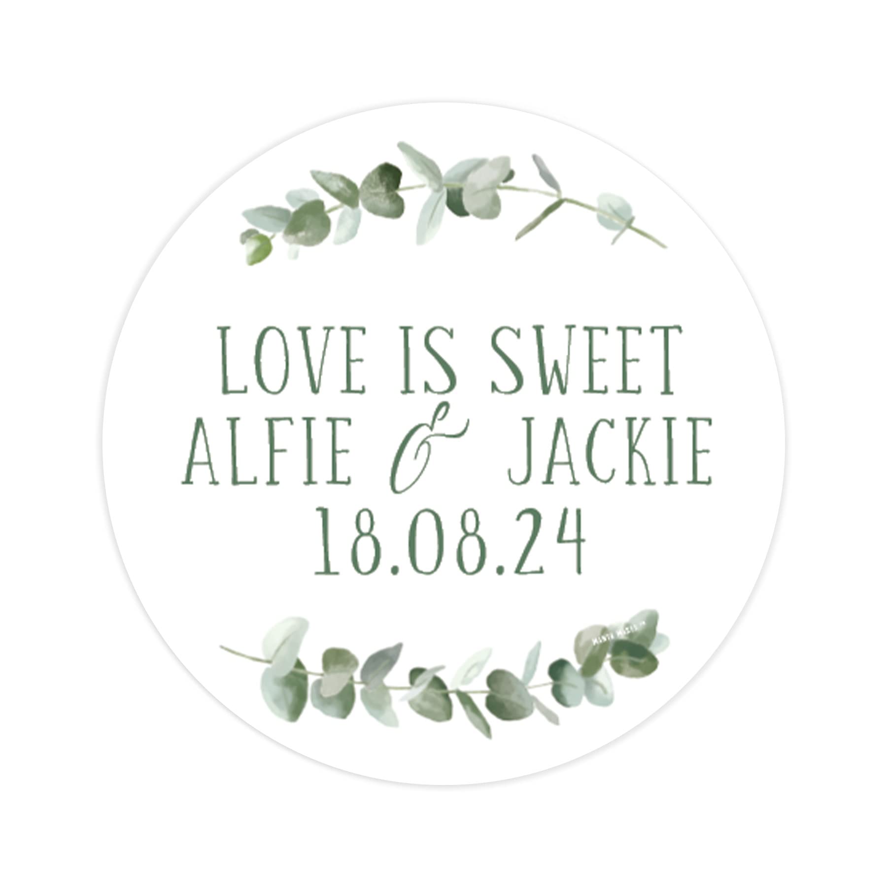 Manta Makes love is sweet eucalyptus personalised wedding sticker for favours | wedding favor stickers | sweetie label | wedding sweets cart for jars or bags