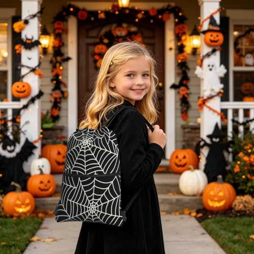 Image of Black Spider Web Halloween Drawstring Backpack, Gothic Black White Drawstring Bag, Waterproof Durable String Sackpack, Large Capacity Cinch Sackpack for Yoga Sport Beach Gym Shopping