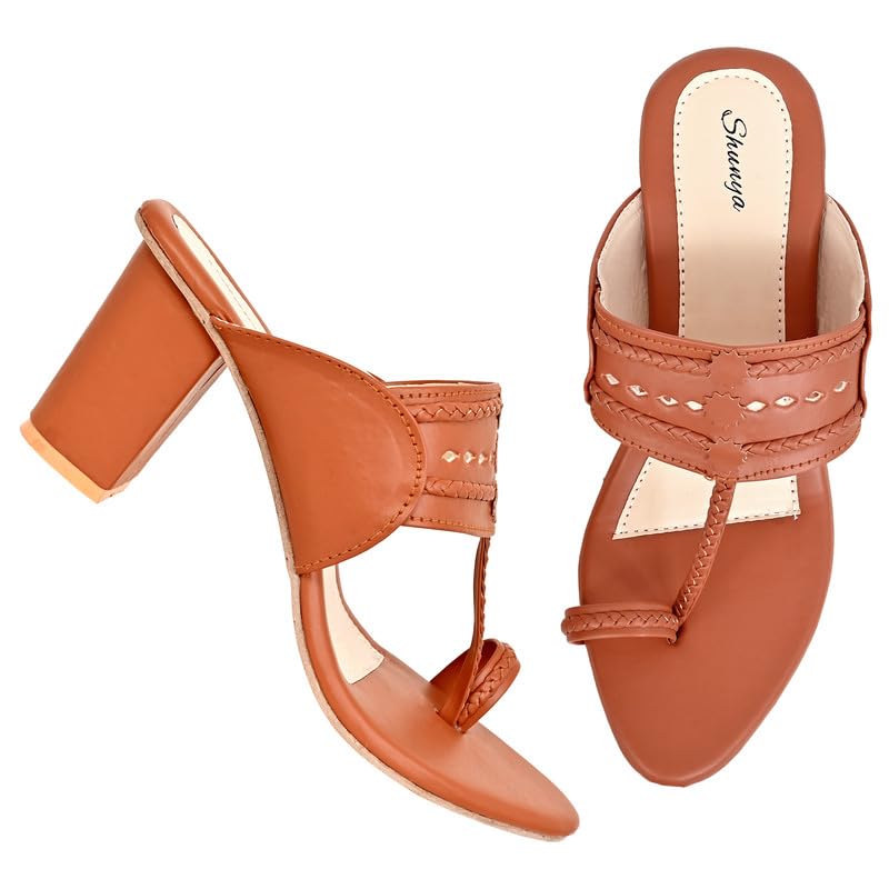 Shunya Womens Tan/Gold Open Round Toe Kolhapuri Sandals | Ethnic Toe Ring sandals | Stylish Classy Ethnic Block Heels | Hand Braids Kolhapuri for Ethnic and Wedding Occasions (B0C2NNDHG5) Amazon Price History, Amazon Price Tracker