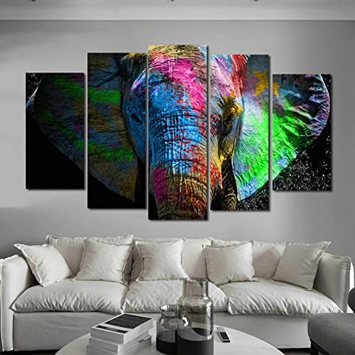 Tableau Multi Panneau 5 Parties Porte Animal Éléphant (Sans Cadre 150 X 80 Cm) Art Mural Motif Moderne Impression Sur Toile Intissee, Tableau Deco,Peinture...