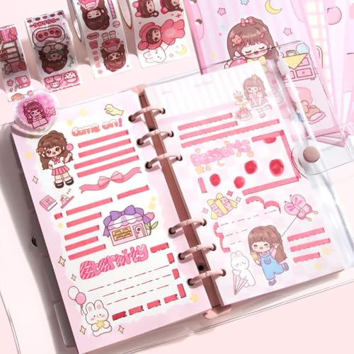 Image of Korean Stationery Mini Transparent 3-Hole Binder Spiral Diary Notebook - Cute Kawaii Portable Journal Notebook Agenda for Girls & Students (80+ Pages) MIMIMI GIRL THEME
