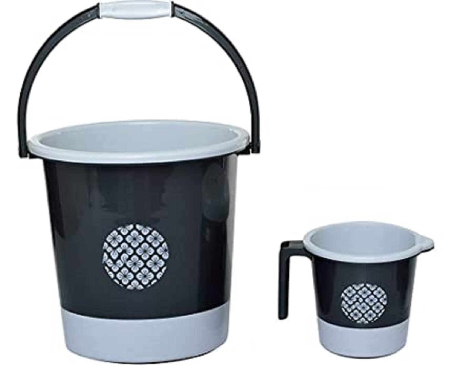 Liza Falcon Plastic Deluxe Bathroom Bucket Set with Matching Mug | Set of 2 Durable Plastic Bathroom Bucket & Mug | Heavy Duty Bathroom Accessories Set | Easy to Carry & Clean | Black