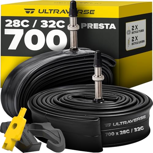 Ultraverse Bike Inner Tube for 700x28-32c, 28 inch Bicycle Wheel Sizes with 48mm Presta Valve - Butyl Rubber Tubes for Road and Gravel Bikes - 2 Pack with 2 tire levers Included