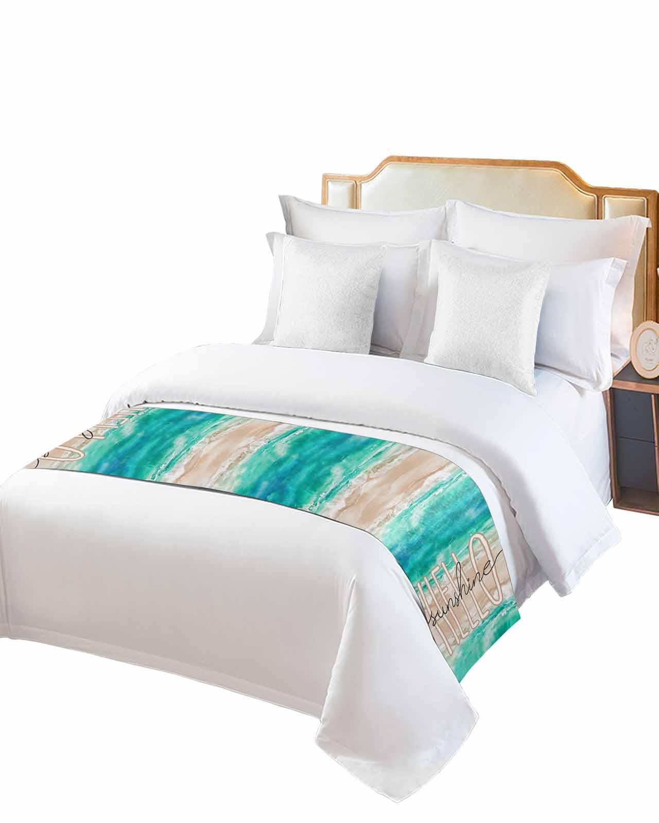 Bed Runner for Twin Size, Summer Turquoise Ocean Decorative Scarf Throws for Foot of Bed, Beach Coastal Ombre Waves Luxury Bedding Protector Slipcover Beds Runners for Hotel/Home, 71 x 20 Inch