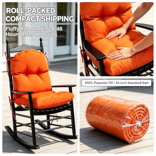 Image of QILLOWAY Tufted Outdoor Chair Cushion Set of 4, Waterproof 43x20x4 Inch Non Slip Replacement Pad for Wicker Lounge Patio Furniture, Orange
