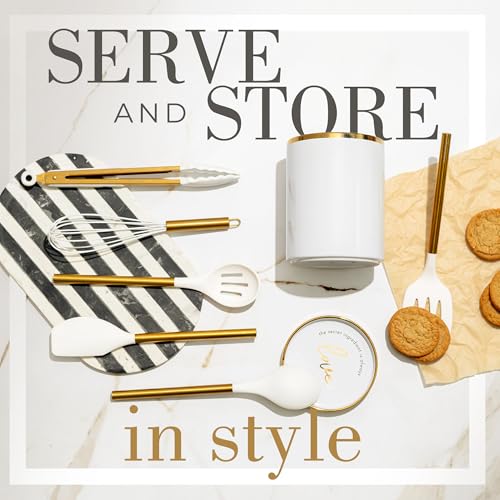 Image of 8 Piece White and Gold Kitchen Utensils - White Silicone Cooking Utensils Set, Ceramic Utensil Holder & Stackable Gold Spoon Rest -Nonstick, Non-Toxic, Heat Resistant, Luxury Kitchen Accessories