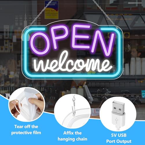 Image of Open Signs for Business, 16.9 inchX 9.4 inch Bright High Visibility LED Neon Open Sign Powered by USB with ON /OFF Switch, Adjustable Open Sign for Bar Shop Coffee Salon Hotel Store Walls Window Door Storefront (Purple)