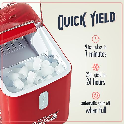 Image of Coca-Cola Automatic Ice Maker, Self- Cleaning, Countertop Size, 26 Pounds in 24 Hours, 9 Large or Small Ice Cubes in 7 Minutes, LED Control Panel, Scoop Included, Perfect for Water Bottles