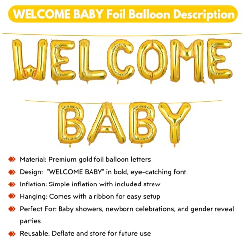 Image of Welcome Baby Banner Gold for Boy Girl Home Foil Balloon Decoration Decor Celebration Golden