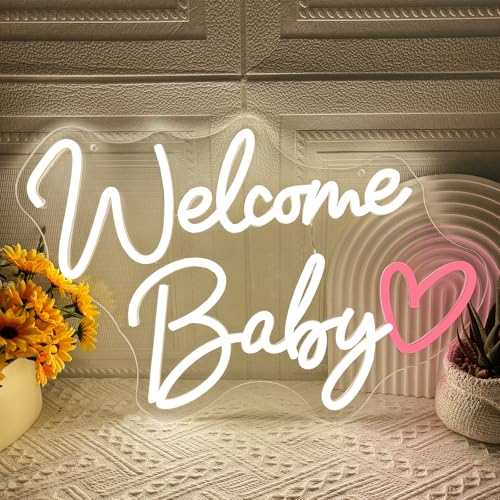 Welcome Baby Neon Sign Dimmable Switch Welcome Led Signs for Wall Backdrop Decor Warm White Neon Light Up Sign for Baby Shower Gender Reveal Birthday Party Bedroom Boys Girls Present