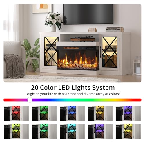 Image of BREEZEHEAT Fireplace TV Stand for TVs up to 70 inch, 3-Sided Electric Entertainment Center with 24 inch LED Fireplace, Media Console w /Storage Cabinet & Glass Doors, 59Inch, White