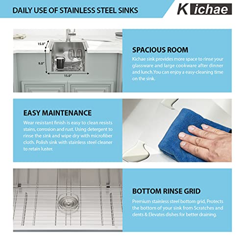 Image of Kichae Drop In Bar Sink- 15 x 15 Small RV Sink Topmount 16 Gauge Stainless Steel Single Bowl Ledge Workstation Wet Bar Prep Kitchen Sinks Patio Handmade Basin with Cutting Board & Rack