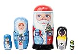 Golden Cockerel Made in Russia Authentic Russian Nesting Christmas Doll 5pc./3.5" Father Frost and Snow Maiden Collectible Babushka Russian Doll Penguin Snowman