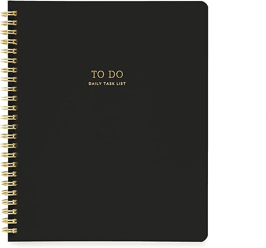 Sugar Paper To Do Spiral Notebook, 50 Guided Pages Featuring Divided Task Lists & Lined Pages for Notes and Reminders, Foil Details, Black Cover, 7" x 8.5"