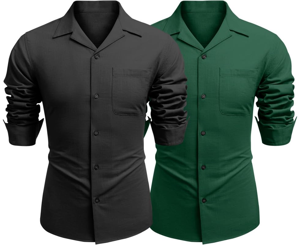 Image of Combo of Men's Casual Cotton Blend Shirt || Long Sleeve Button Down with Spread Collar | Lightweight Breathable Fabric | Stylish Solid Shirt for Beach, Office & Everyday Wear Pack of 2
