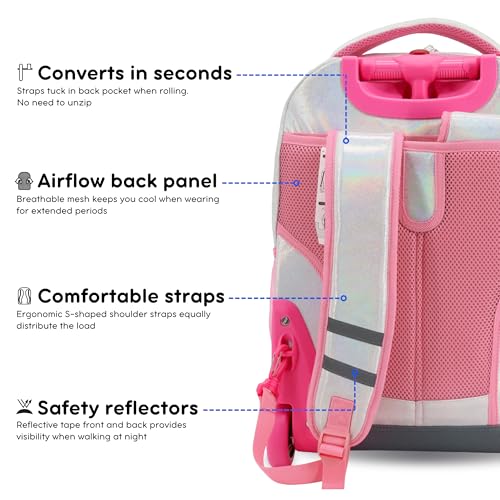 Image of J World Sunrise Kids Rolling Backpack with Wheels for Girls Boys, Roller Bookbag for School, 18 x 13 x 9 Inches, Metallic Silver