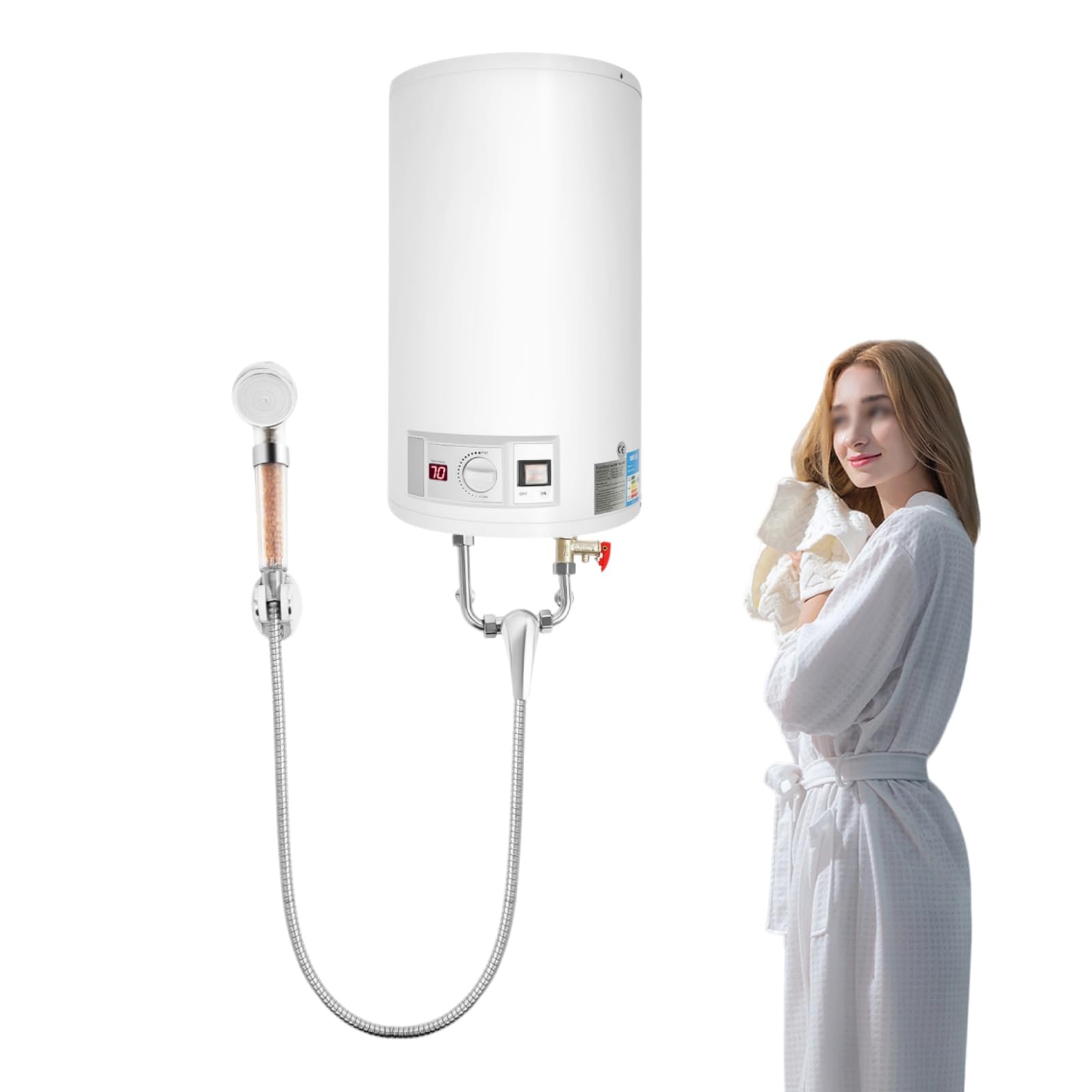 Chauffe-eau électronique EU 50 L, 2 kW, 220 V, chauffe-eau instantané avec soupape de sécurité et panneau d'affichage de la température, chauffe-eau électrique jusqu'à 75 °C pour cuisines et toilettes