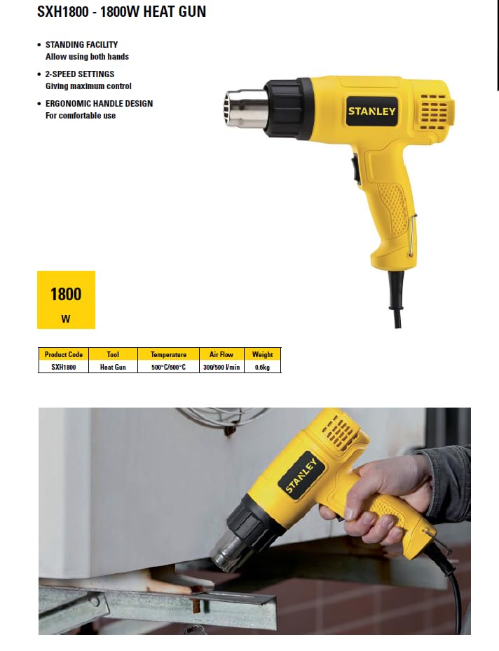 STANLEY SXH1800-IN 1800W 2-Speed Corded Heat Gun with Dual Adjustable Temperature Modes, Ergonomic Handle, 300/500 I/min Airflow, Standing Facility Allows Using Both Hands, Weight 0.6kg 3