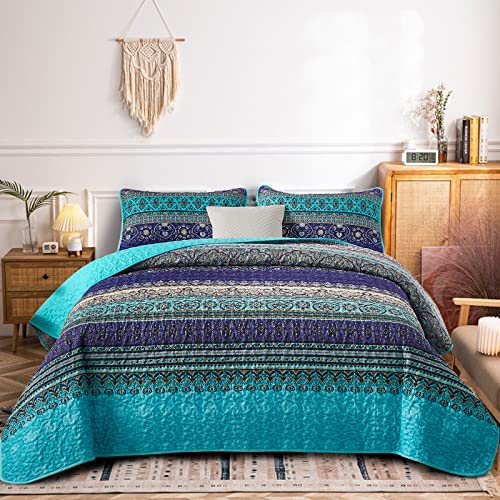 Djy Boho Quilt Set Queen Bohemian Floral Pattern Quilt Coverlet Purple Stripe Boho Quilt With 2 Pillow Shams Soft Micorfiber Boho Lightweight Bedspread For All Season (3 Pieces, 90"X96") #TOP4