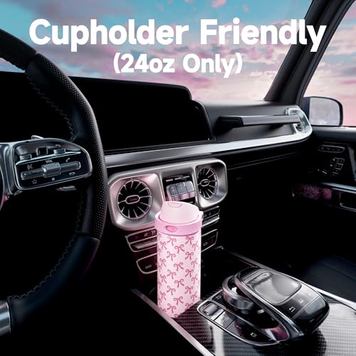 Image of 24 oz Insulated Water Bottle for Women: Meoky Stainless Steel Metal Water Bottle with 2-in-1 Straw and Spout Lid - Leak Proof, Cold for 24 Hours, Protective Silicone Base, BPA-Free for School, Bow