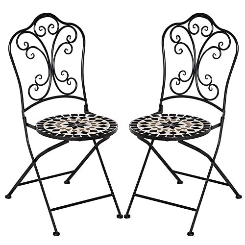 Outsunny Juego de 2 Sillas de Jardín Plegables con Asiento de Mosaico Cerámico y Marco de Metal para Balcón Terraza Patio Carga 120 kg 40x50x92 cm Negro