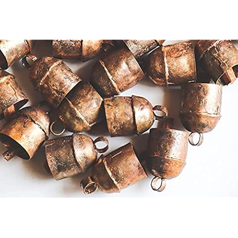 Handmade Vintage Indian Tin Bells Rustic Chime with Wood Striker Tin Cow Bells for Crafts Anniversary Cattle Party Favors Wall Art Orchard Garden Art ( 5 Bells in 1 Set ) (Size -A) Cover