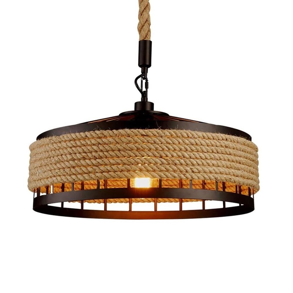 BLOOHK Industrial Hemp Rope Pendant Light, Metal Cage Drum Hanging Fixture Rustic Farmhouse Vintage Ceiling Lamp for Kitchen Island Dining Room