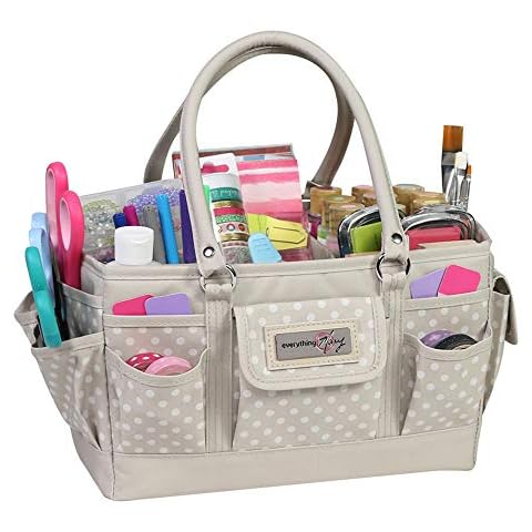 Everything Mary Craft Bag Organizer Tote, Tan Dot - Storage Art Caddy for Sewing & Scrapbooking - Crafts Supply Carrier w/Handle for Supplies & Tools Cover
