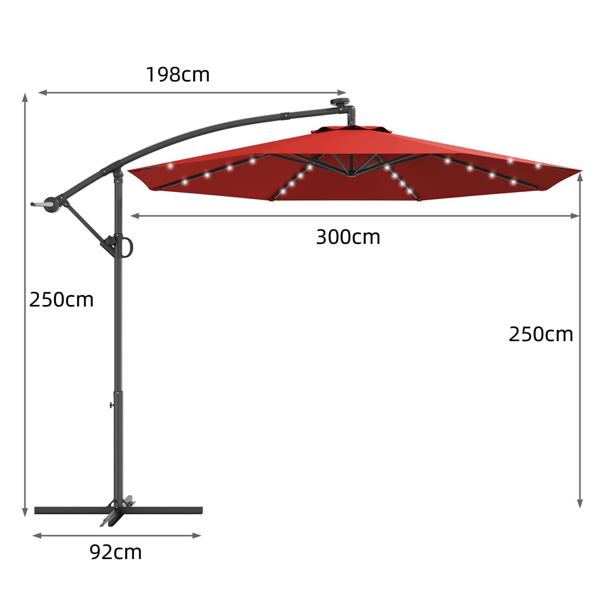 KOMFOTTEU Parasol przeciwsłoneczny LED, parasol ogrodowy z korbą ręczną, parasol tarasowy ze stojakiem, obracany o 360°, składany, pochylony, 300 cm x 230 cm, do ogrodu, na taras, basen, czerwony