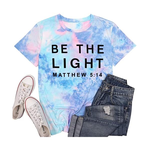 Be-The-Light-Faith-Shirts-Women-Jesus-Christian-T-Shirt-Summer-Letter-Printed-Short-Sleeve-Loose-Tee-Tops DUDUVIE Be The Light Faith Shirts Women Jesus Christian T-Shirt Summer Letter Printed Short Sleeve Loose Tee Tops (Large, Tie Dye-Blue)