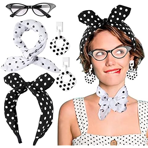 BETESSIN 4TLG Rockabilly Accessoires Damen 50er Jahre Kostüm Kleid Zubehör 60er Jahre Outfit Gepunkte Haarband Polka Dots Stirnband Brille Halskette Cover