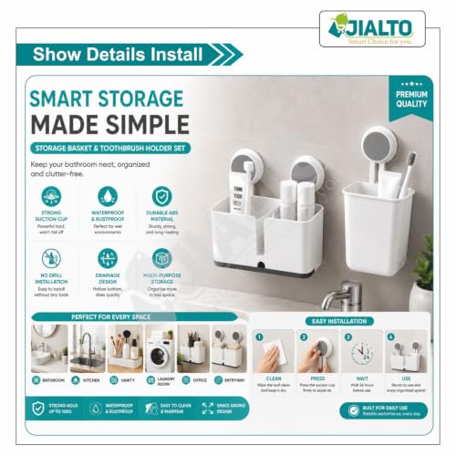 Image of JIALTO Wall Mounted Bathroom Organizer Storage Basket with Strong Adhesive, No Drill Bathroom Shelf, Multipurpose Toothbrush, Toothpaste, Soap & Cosmetic Holder, Waterproof Plastic Rack