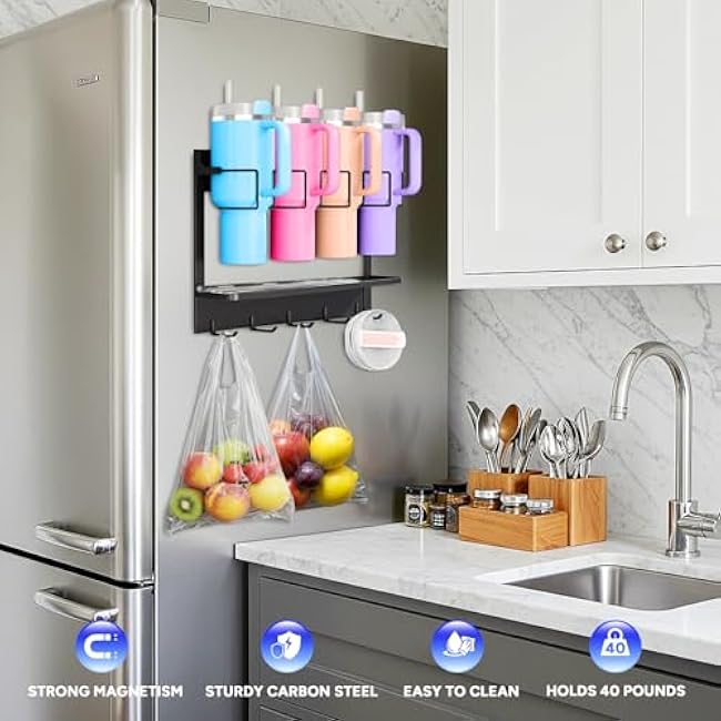 Water Bottle Organizer for Stanley Cup Accessories 20/30/40 oz, Fridge Magnetic and Wall Mount Tumbler Holder Organizer, Kitchen Water Bottle Storage Rack (Black)