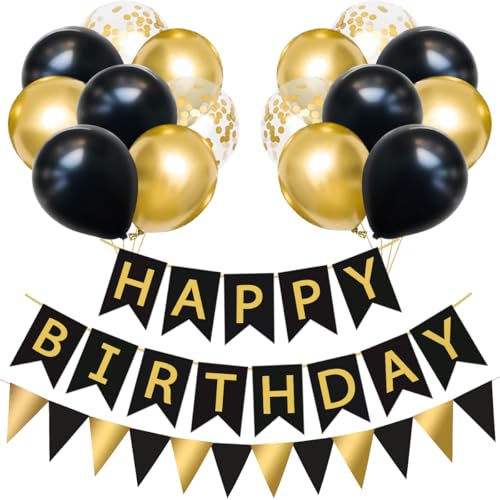 Decoration Anniversaire, Banderole Happy Birthday, Ballons Anniversaire Noir Or, 16 Pièces 12 Pouces Ballons Noir Doré Confettis et Banderole Joyeux pour...
