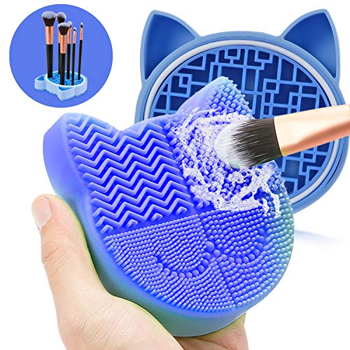 TailaiMei 2 in 1 Makeup Brush Cleaning Mat with Brush Drying Holder, Silicon Cat Shaped Brush Cleaner Pad include Cosmetic Brush Organizer Rack, Portable Washing Tool for Makeup (Blue)